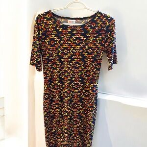 NWT LuLaRoe JuliaGeometric Pattern Dress Orange Black and Yellow Short Sleeve S